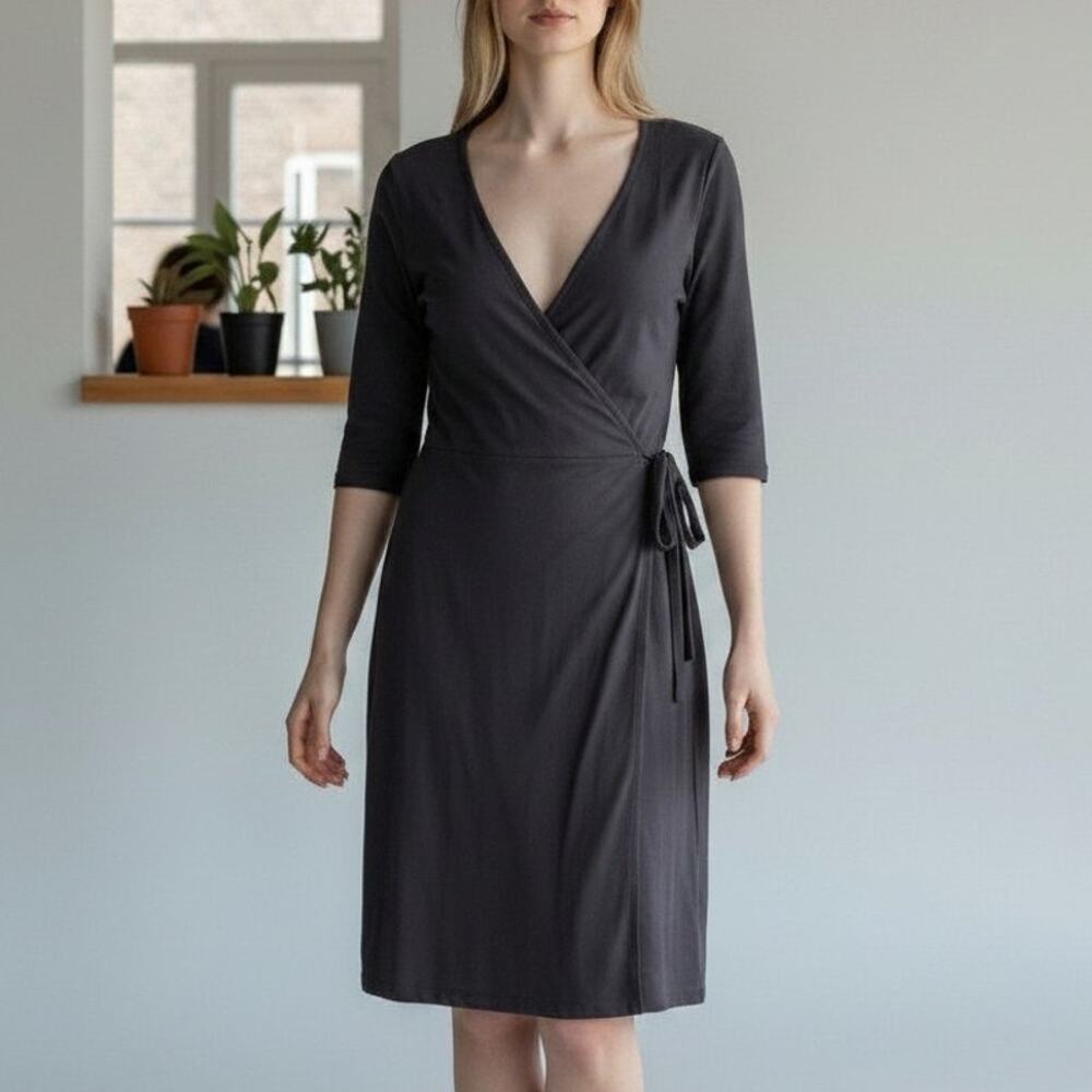 Synergy‎ Black Wrap Dress Sz L Organic Adjustable Stretch V Neck 3/4 sleeves NWT